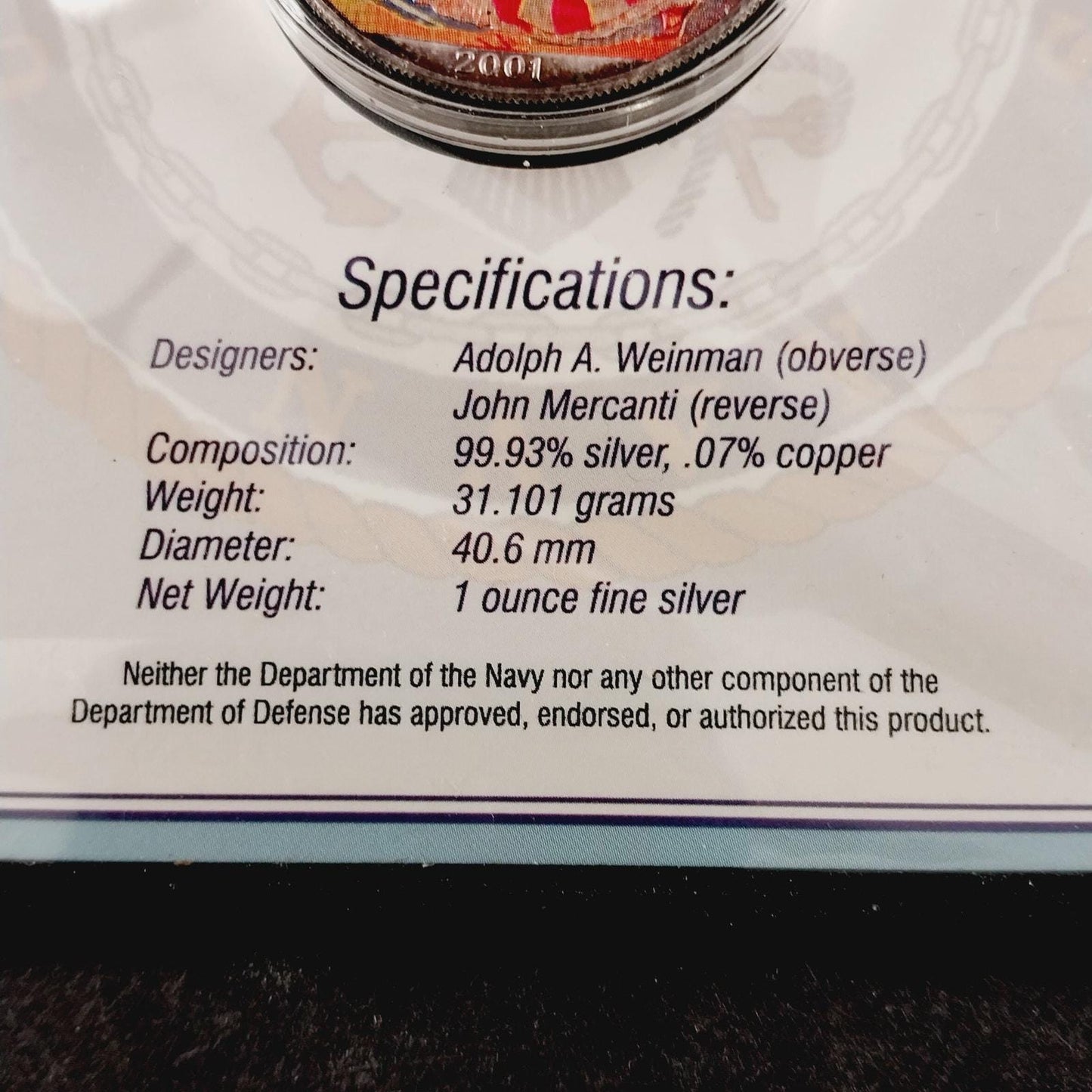 2001 American Eagle Silver Dollar – Colorized U.S. Navy Tribute | Morgan Mint 1 oz .999 Fine Silver