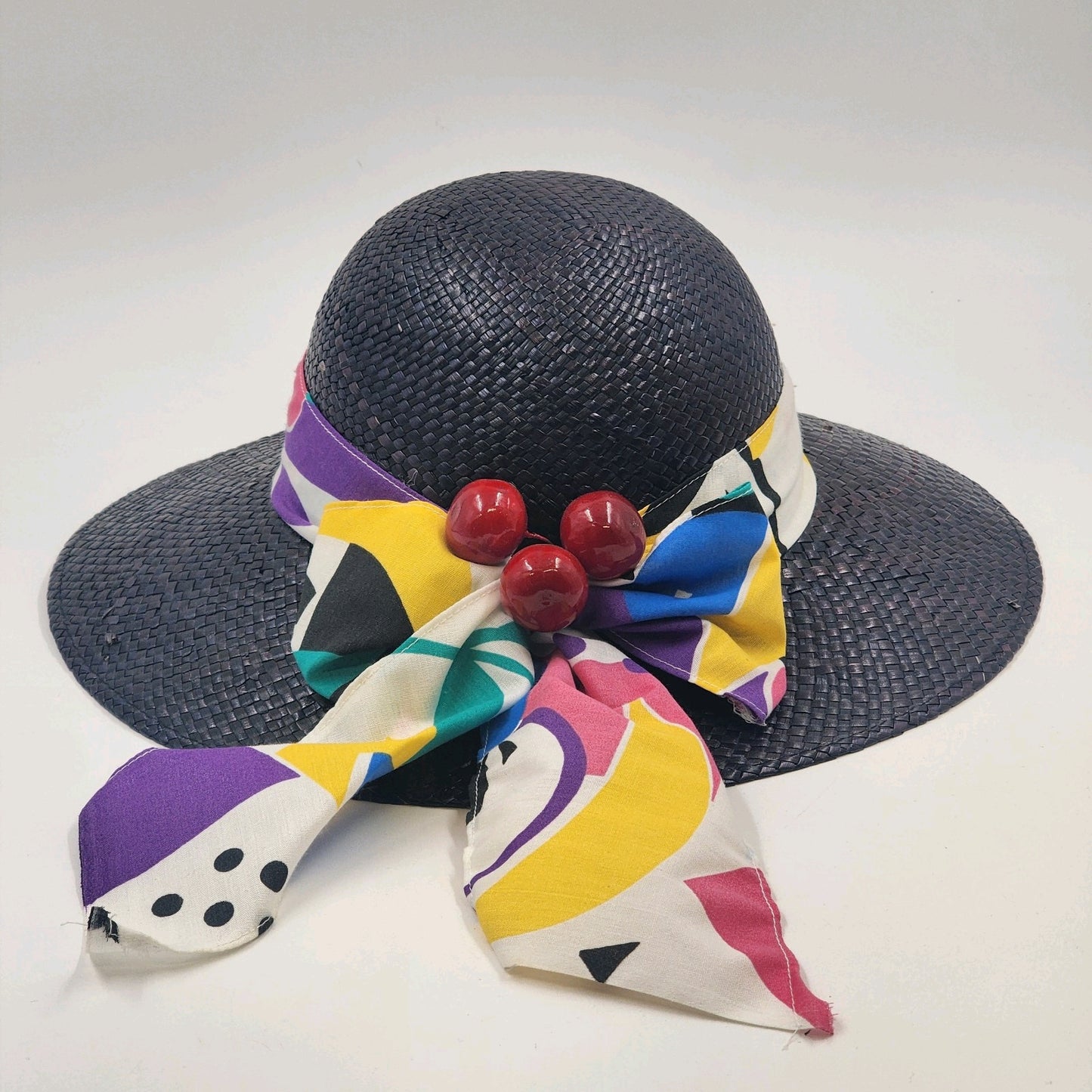 Women's Straw Sun Hat Wide Brim Black Colorful Bandana Cherry Band Medium NOS