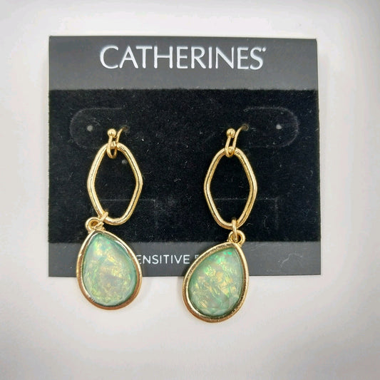 Catherines Earrings Gold Tone Disc with Bezel-Set Ethiopian Opal Dangle 1.75"