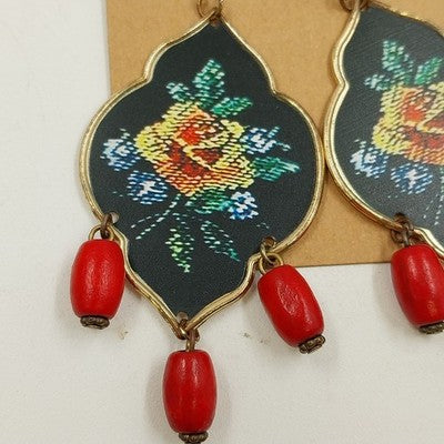 Gold Tone with Floral Tapestry Look on Black w Red Drop Beads Earrings Jewelry