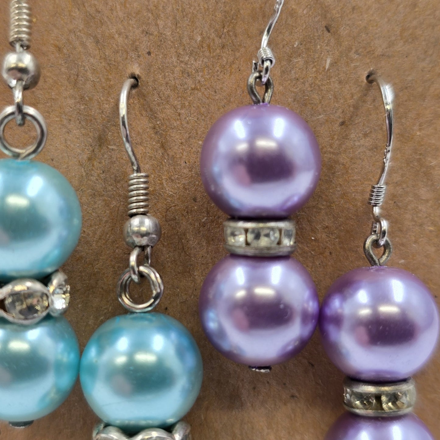 2 Set Earrings Teal & Lavender Faux Pearl Beads with Rhinestone Drop Dangle Hook