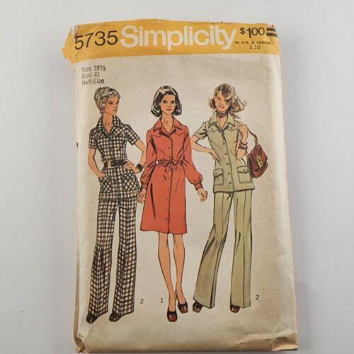 Simplicity 5735 Vintage Sewing Pattern '73 Misses ½Sz Dress or Tunic & Pants 18½