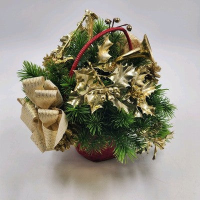 Floral Arrangement Christmas Basket Greenery Holly Red Basket 10" Gold Bow