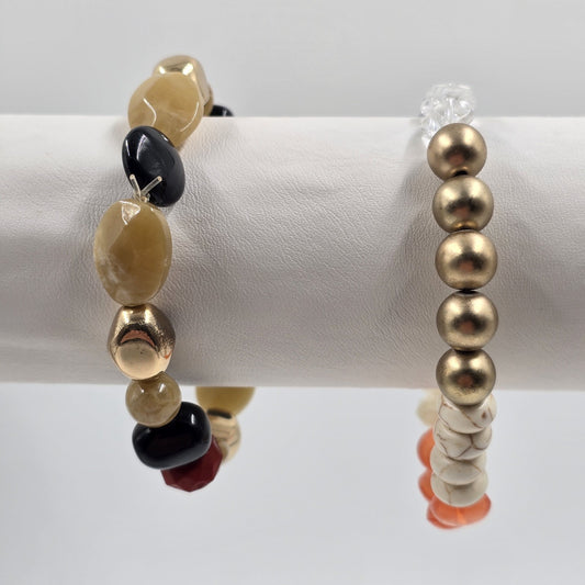 Set of 2 Gold Tone Enamel Multicolor Faux Pearl Elegant Beads Stretch Bracelet