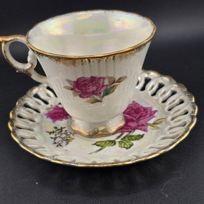 Inarco Tea Cup E-1052 Saucer E-1662 Lusterware Roses Reticulated Edge Japan