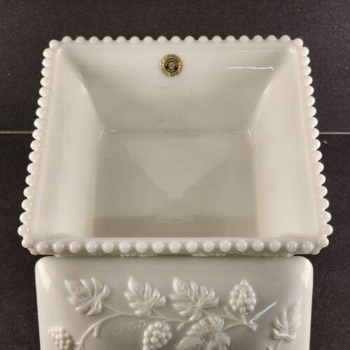 Large Milk Glass Square Compote & Lid Westmoreland Beaded Grape Pedestal Vintage