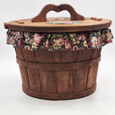 Half Bushel Wooden Sewing Basket Split Lid Heart Handle 15"x13" Floral Lined