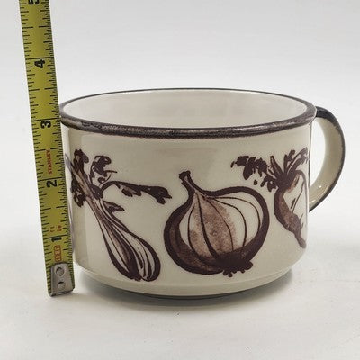 Ceramic Stoneware Cream & Brown w Stylized Vegetable Design Soup Mug Japan 16oz