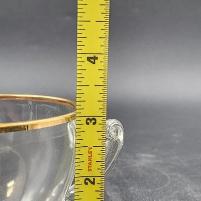 Crystal Clear Glass Sugar Bowl & Creamer 3.25" Gold Gilt Rim Scroll Handle
