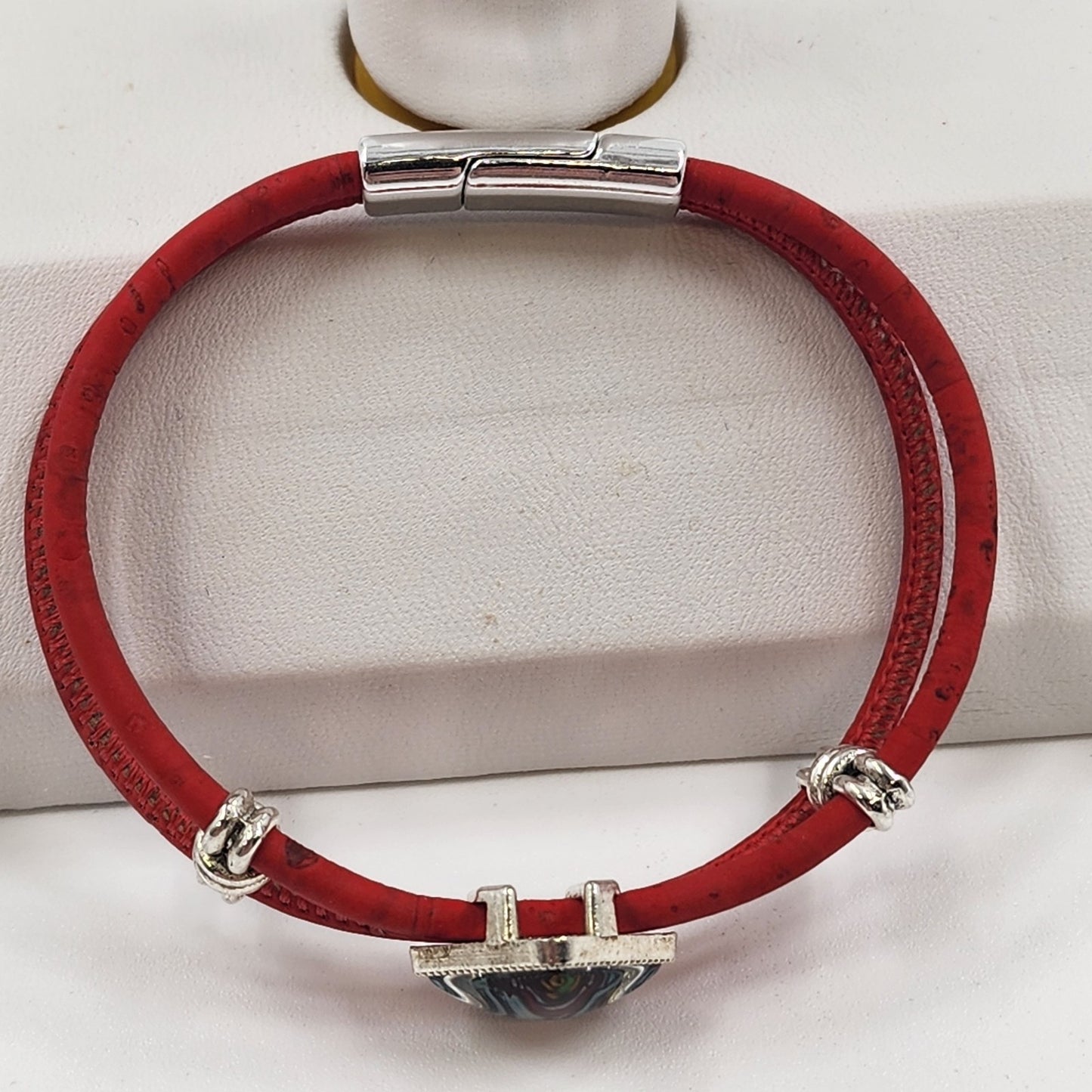 Red Cord Bracelet with Silver Tone Mosaic Slide Charm Boho Jewelry