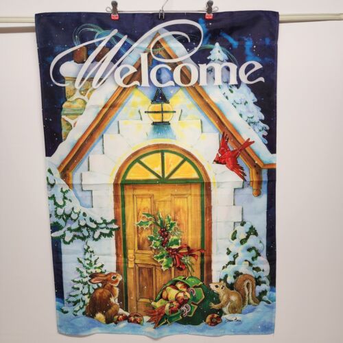 Winter Cottage House Flag Briarwood Lane by Donna Race 28" x 40" Vintage