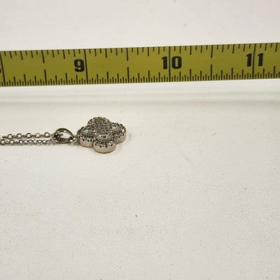 Silver Tone Chain with Pave Rhinestone Clover Shaped Pendant Long Necklace 9.5"