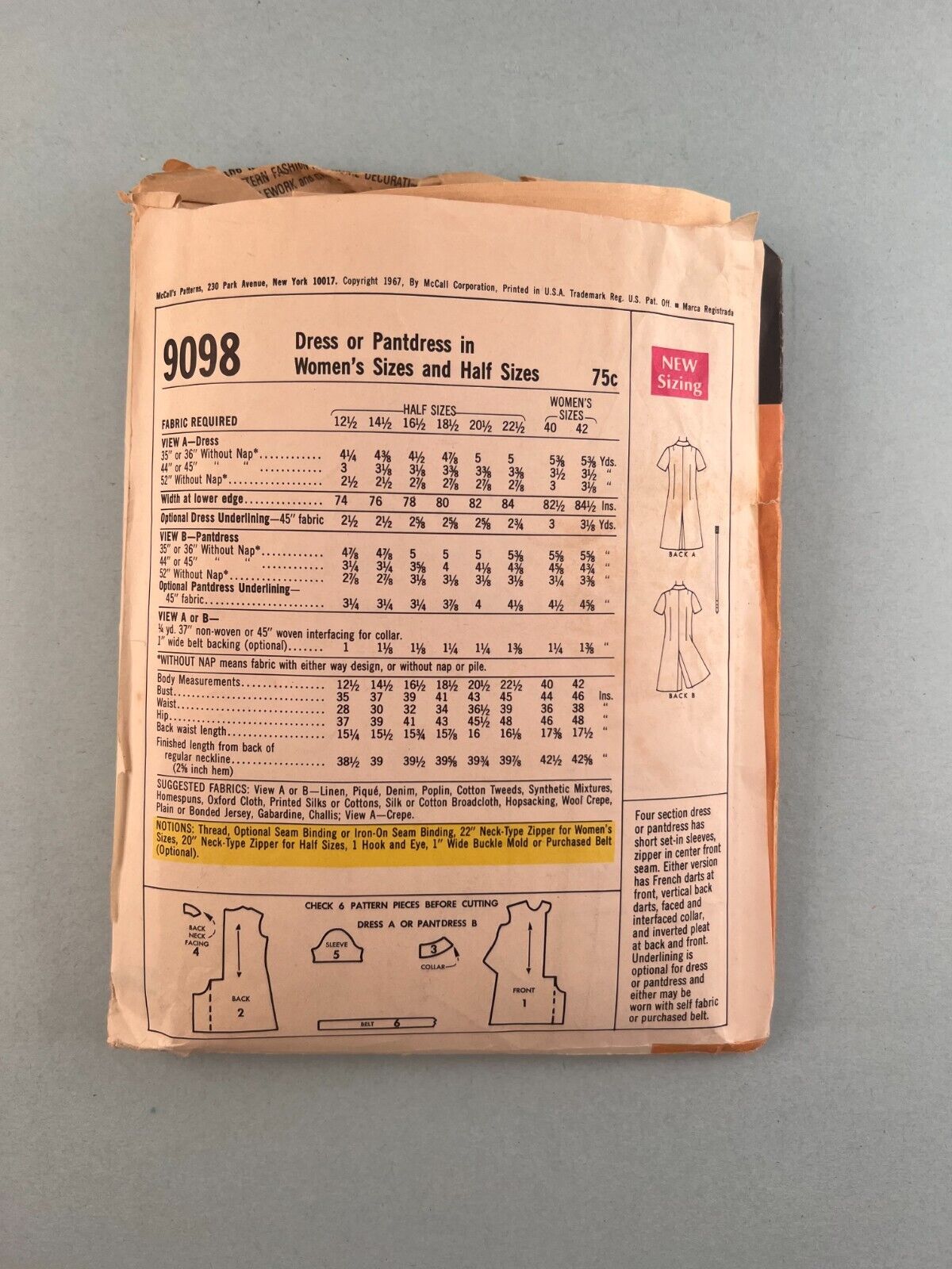McCalls 9098 Vintage Sewing Pattern '67 Womens Half Size Dress or Pant-Dress 16½