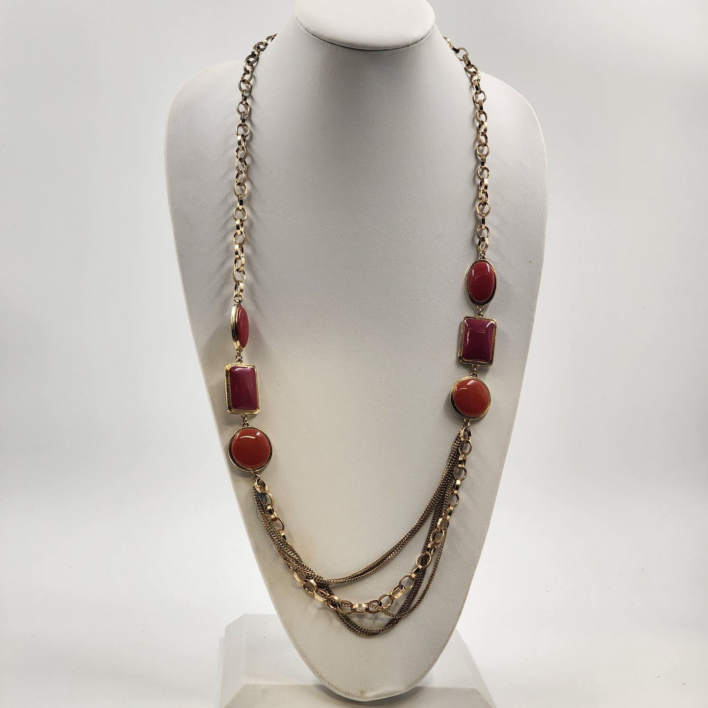 Gold Tone Chain Necklace Peach Color Round Oval & Rectangle Stone Inserts 18”