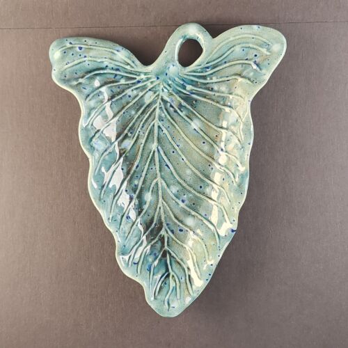 Ken Ocorr Pottery Aqua Blue Green Leaf Shell Trinket Dish Nut/Candy Bowl 10" L