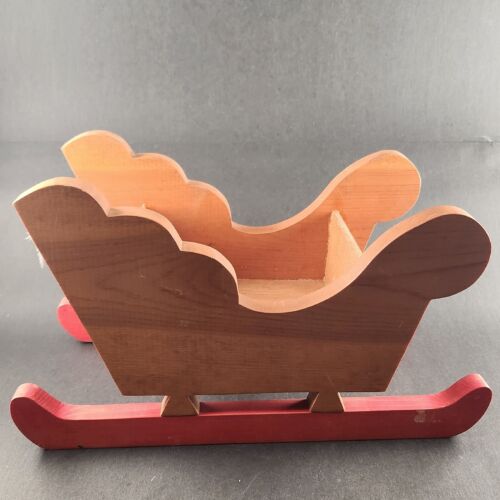 Christmas Decorative Wooden Sleigh Light Brown with Red Runners 13.5" x 7" x 8"h