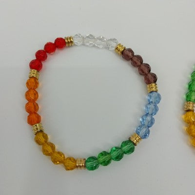 Set of 2 Multicolor Bracelets Faux Pearl Faceted Glass Beads with Gold Tone 6.5"