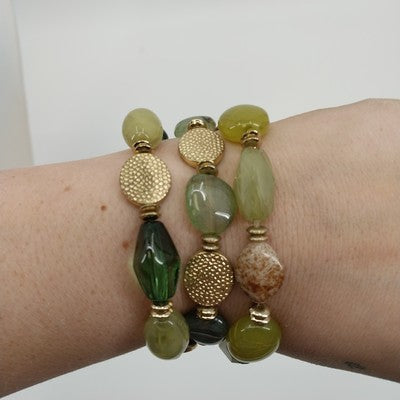 Set of 3 Bracelet Gold & Pale Green Tone Faux Pearl Faceted Oval Bead Stretch 7"