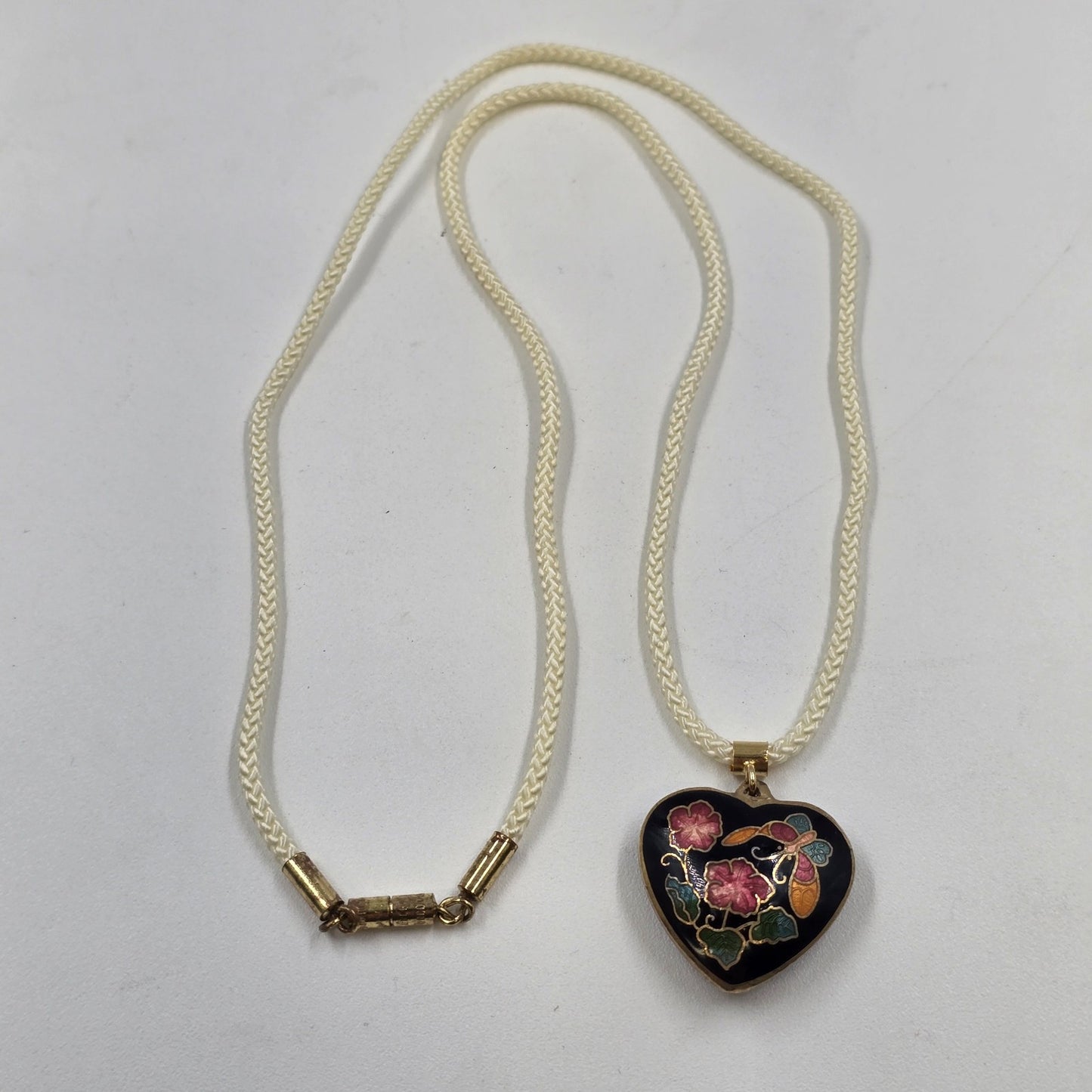 Necklace w/ Double Sided Puffy Heart Cloisonne Pendant in White Corded Chain 12"