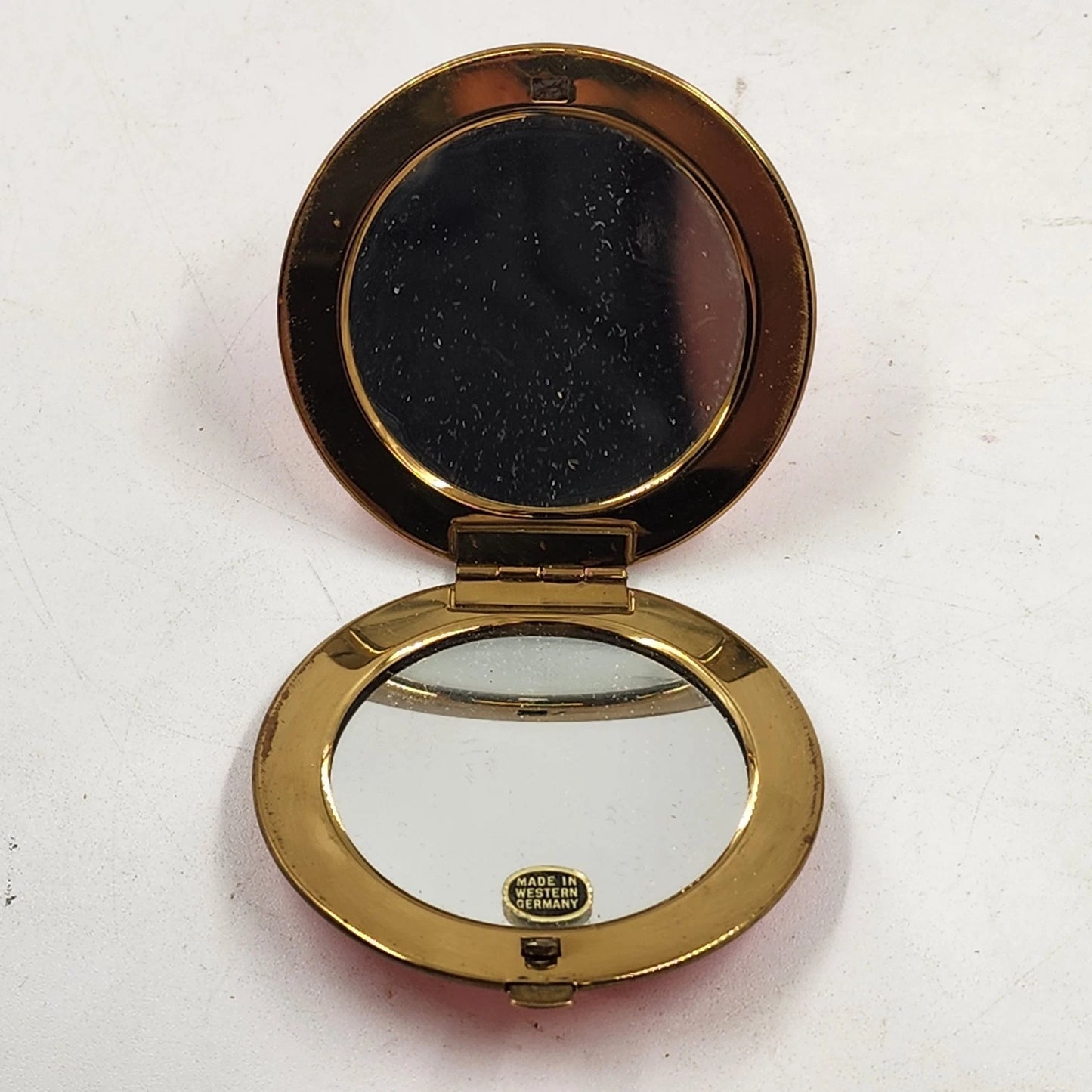 Guilloche Enamel Compact Hot Pink Red Mirror Brass Rim West Germany