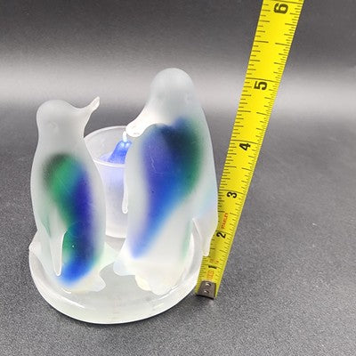 Partylite Frosted Glass Blue Green Two Penguin Candle Holder Votive Rack 5"x3.5"