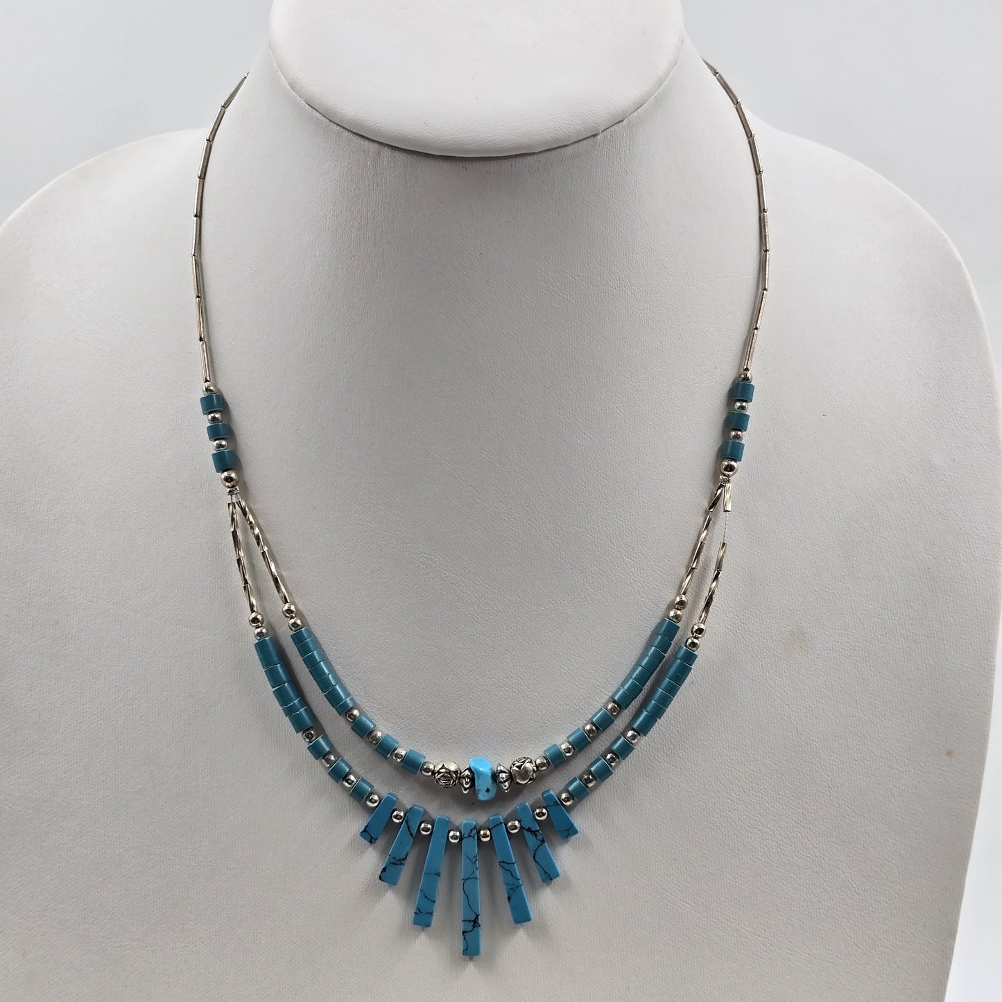 Sterling Silver Tone Faux Turquoise Fringed Bar Blue Beads Necklace 20"