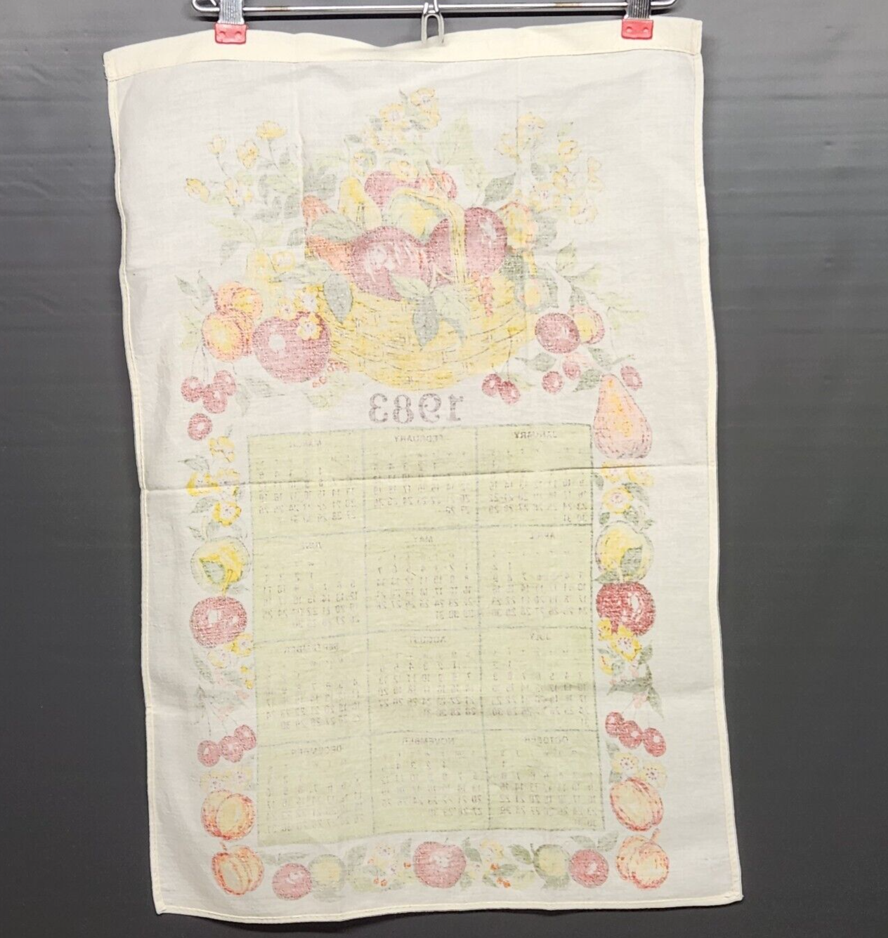 1983 Linen Kitchen Towel Calendar Fruit Basket and Border Vintage 24" L x 16" W