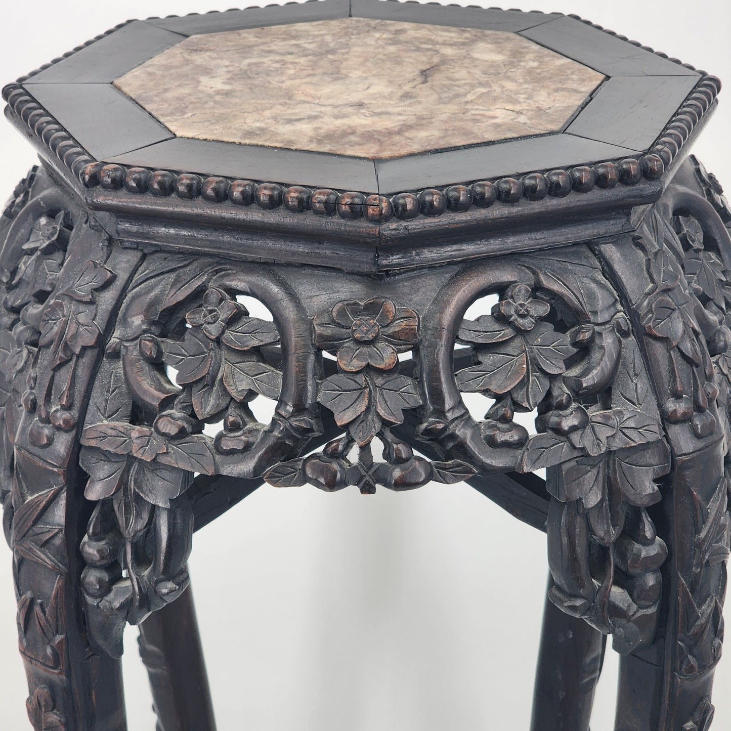 Chinese Jardiniere Tall Stand Hand Carved Wood Marble Side Pedestal Table 35"