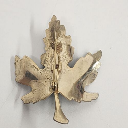 Green Enamel Maple Leaf Brooch Pin Gold Tone Rim and Backing 2" Long Vtg Jewelry