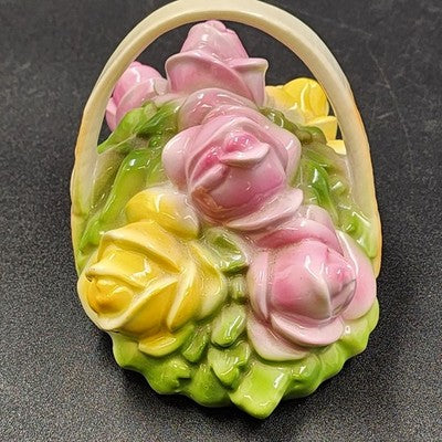 Porcelain Basket w Handle 5"h Pink Yellow Rose Bouquet 2 pcs Trinket Box Germany