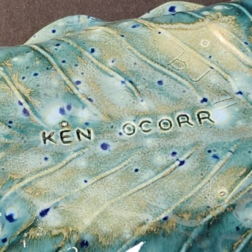 Ken Ocorr Pottery Aqua Blue Green Leaf Shell Trinket Dish Nut/Candy Bowl 10" L