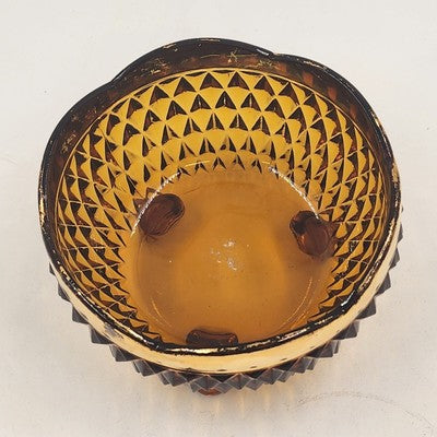 Indiana Glass Amber Diamond Point Three Foot Scalloped Gold Candy Dish Bowl 1970