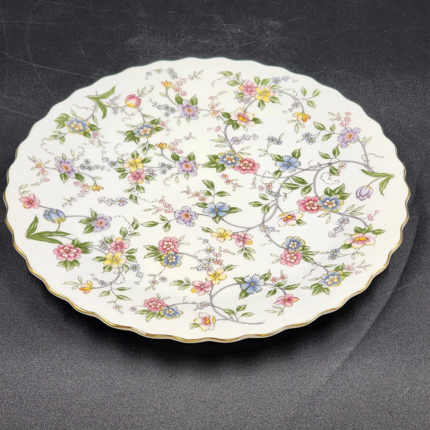 Andrea by Sadek Cake Platter Corona Floral Gold Trim Scalloped Edge 10.5"