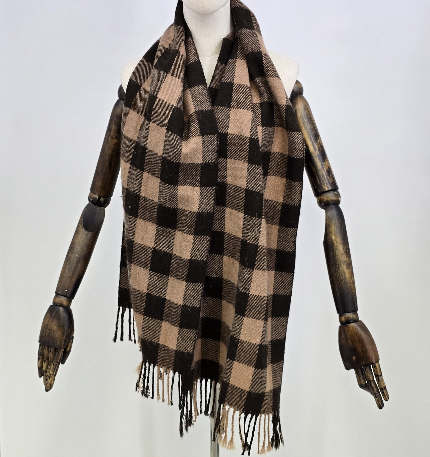 Checkered Plaid Brown Black Rectangle Neck Warmer Scarf Shawl w/ Fringe 72"x14"