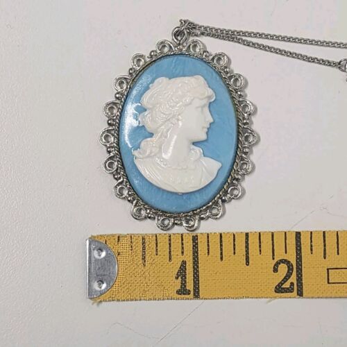 Silvertone Cameo Necklace Blue White Vintage Jewelry 17" chain Costume Filagree