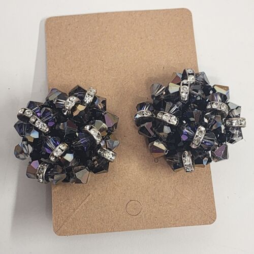 Deep Purple Bead & Colorful Rhinestone Clip Earrings Vintage 1.5” Statement