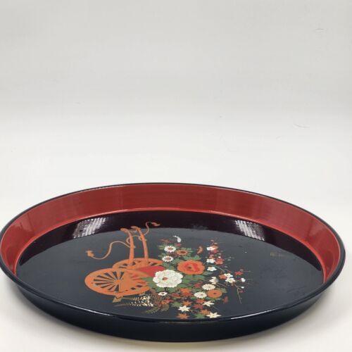 Hard Plastic Round Tray 13” Color Floral Cart Japan Black with Orange Trim Vtg