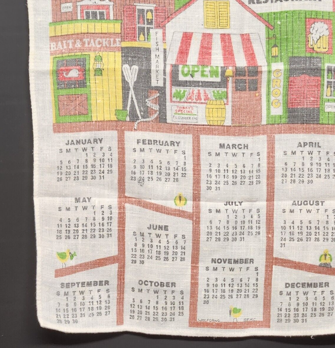 OceanWalk 1975 Calendar Linen Kitchen Towel Multicolor Lobster Seabass Inn Stain