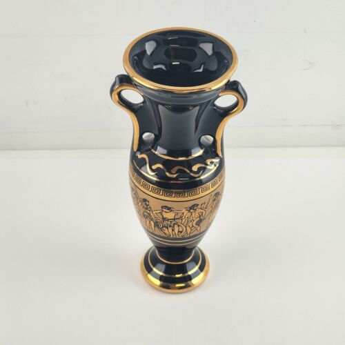 Greek Vase Black 24K Gold Vintage Handmade Mythology Images Marking 6.5" Greece