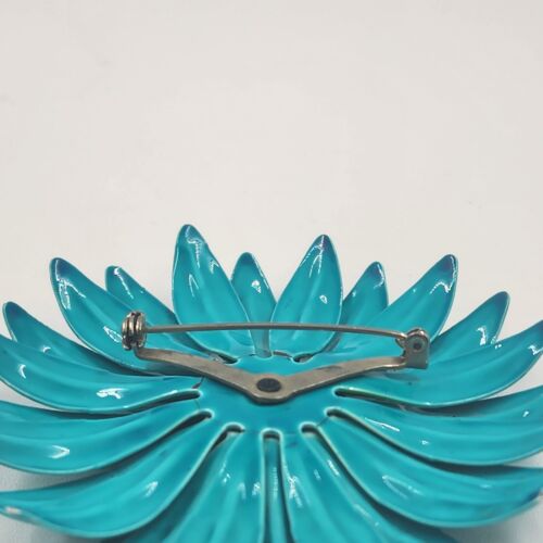 Blue Enamel Flower Brooch Vintage Metal Round Pin 3" Diameter