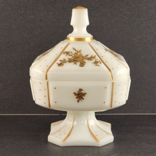Milk Glass Wedding Box Candy Dish Pedestal Compote w Lid Gold Decorations Roses