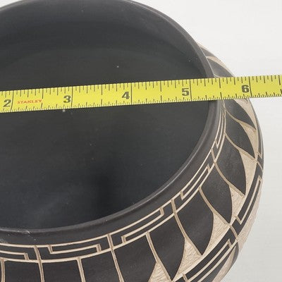 Laguna Pueblo Pottery Vase Bowl 7" Black White Heartline Deer Signed Lucario