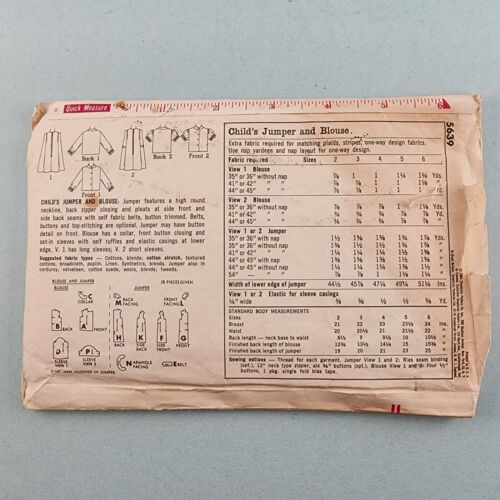 Simplicity 5639 Vintage Child's Jumper and Blouse Sewing Pattern Cut Size 6