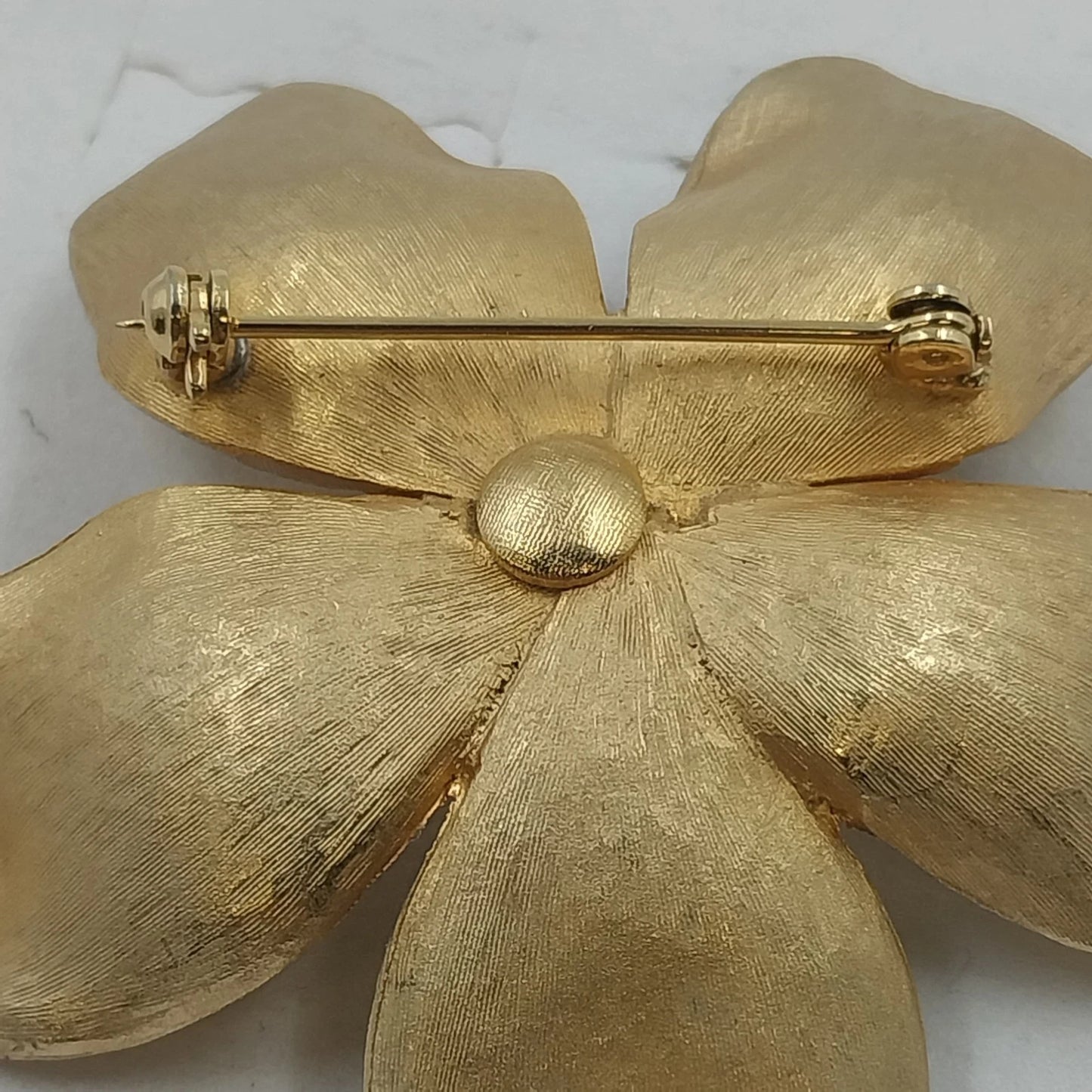 Kramer Gold Tone Flower Brooch Brushed Satin Multicolor Rhinestones Floral Pin