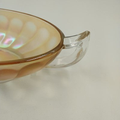 Jeannette Carnival Glass Iridescent Marigold Bowl Twin Clear Handle Large 10.5"