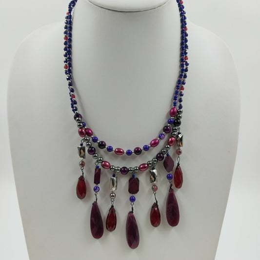 Catherines Red Quarts Dangles Navy Pink Silver Tone Beads Double Strand Necklace