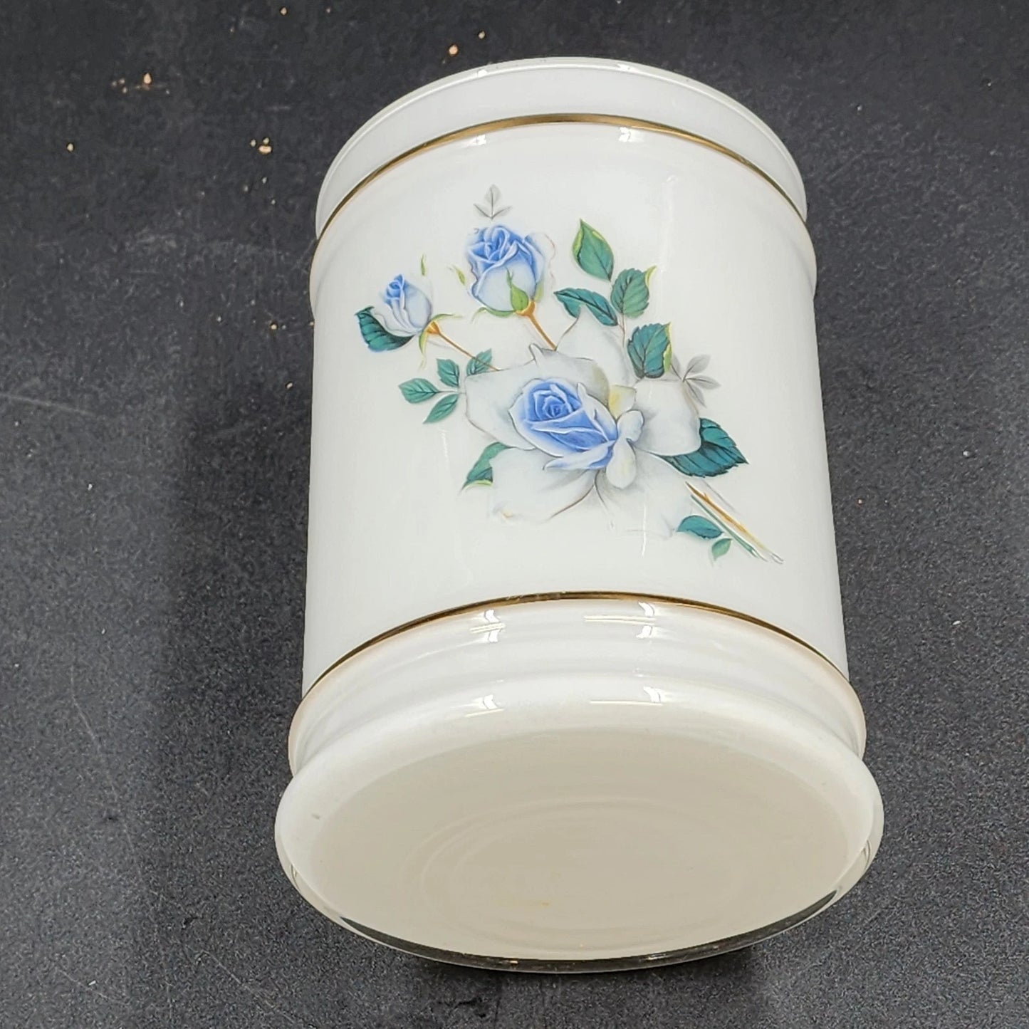 Apothecary Jar Blue Tea Rose in White Frosted Milk Glass with Gold Trim 9" x 4"d