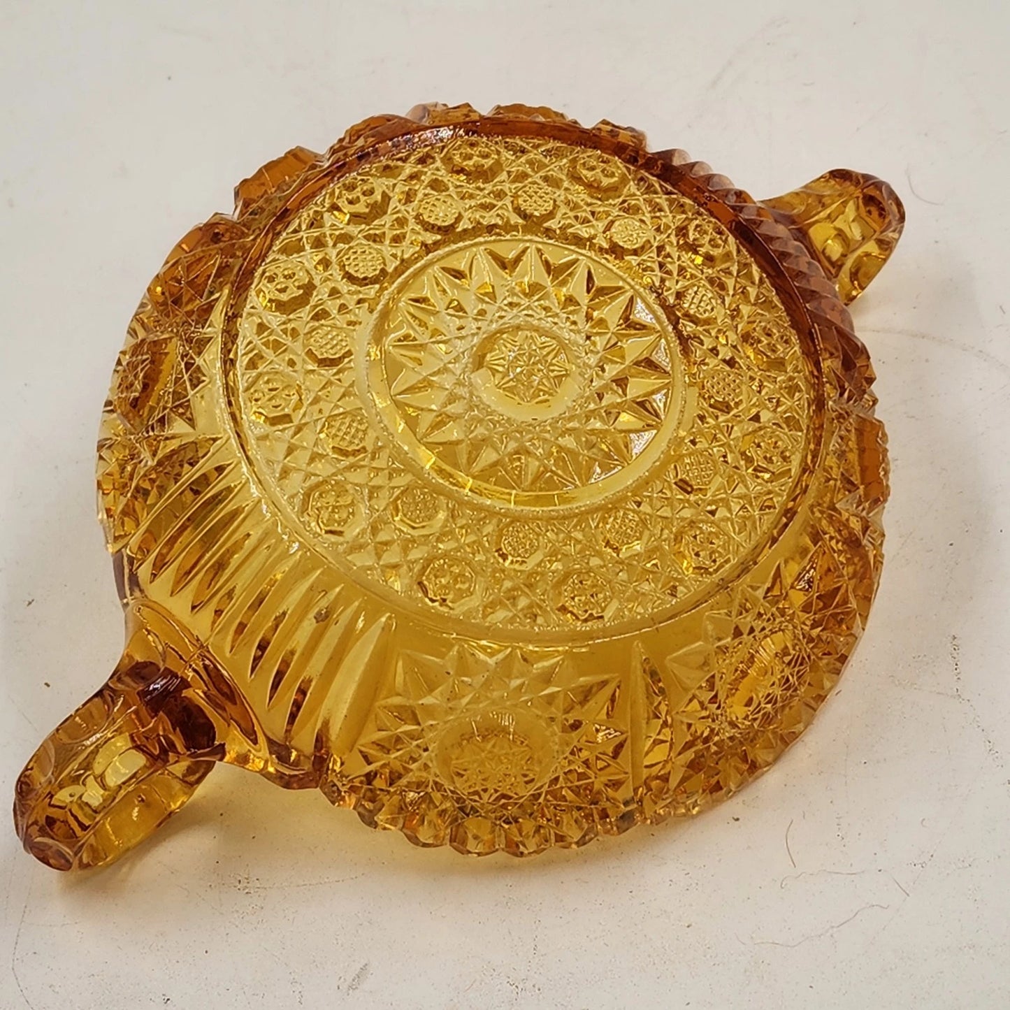 Amberina Cut Glass Nappy Bowl Hobstar Pattern 2 Handles Sawtooth Edge 8.75"