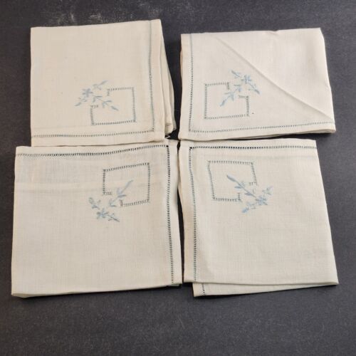 Vintage Set 4 White Blue Linen Napkins Tablecloth 10.5"x10.5" Square