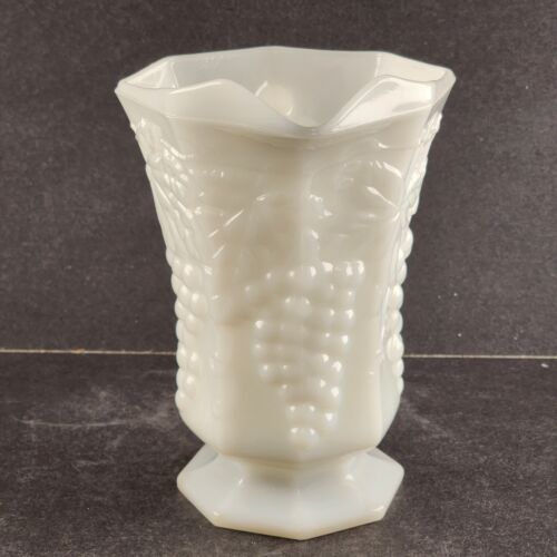 Anchor Hocking Milk Glass White Pitcher Grape Leaf Pattern Octagon Base 6.5" H